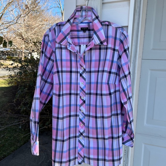 NWT Talbots Pretty Pink White Blue Black Cotton Plaid Long Sleeve Blouse - Picture 5 of 5